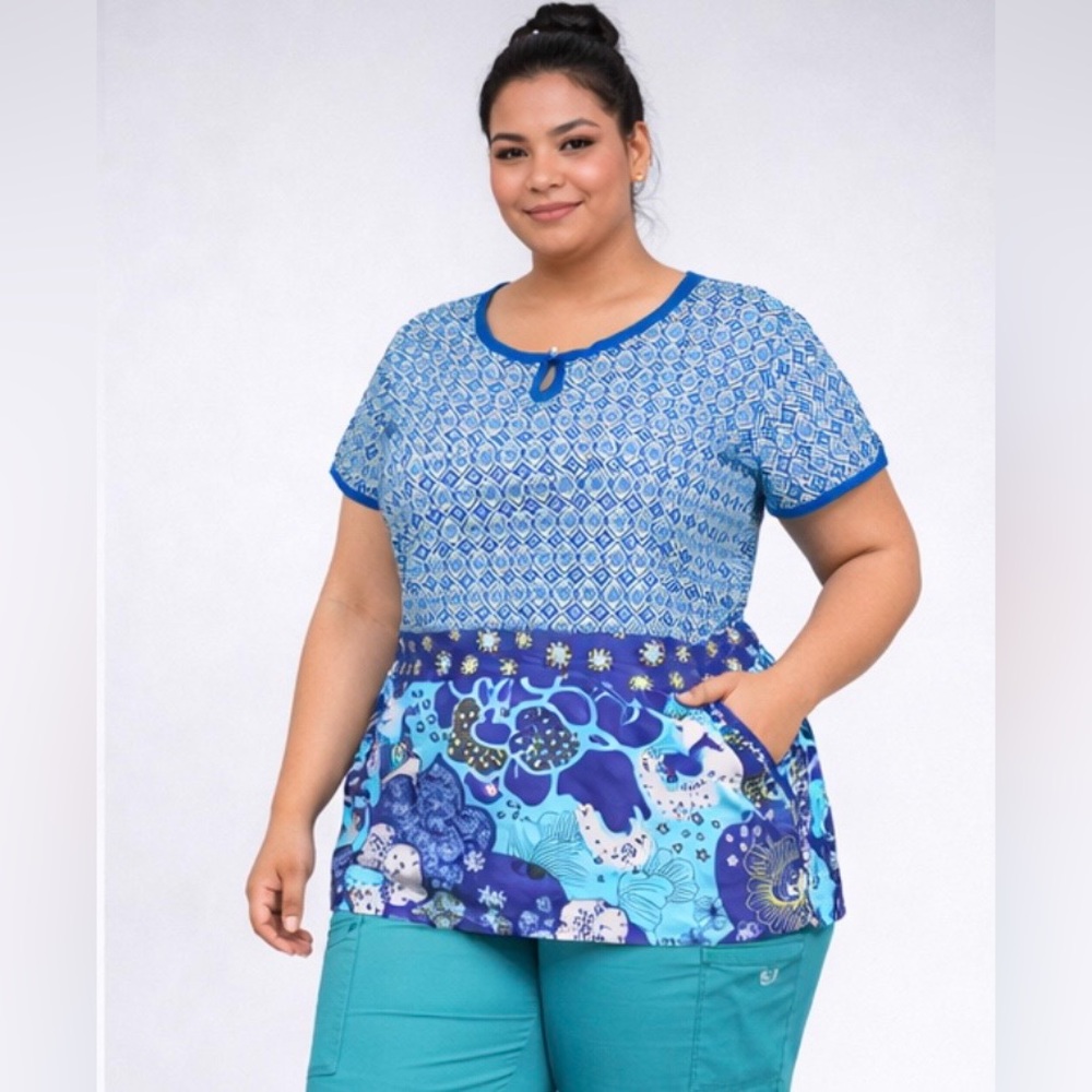 koi Blue Mixed-Pattern Women's Scrub Top